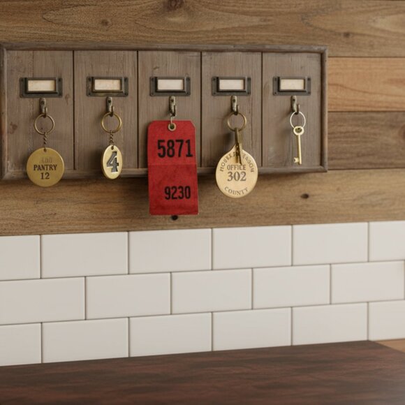 Ship-Multi Key Holder Wood Wall Rack 5 Hooks Vintage Style Office Motel Hotel - Picture 3 of 13